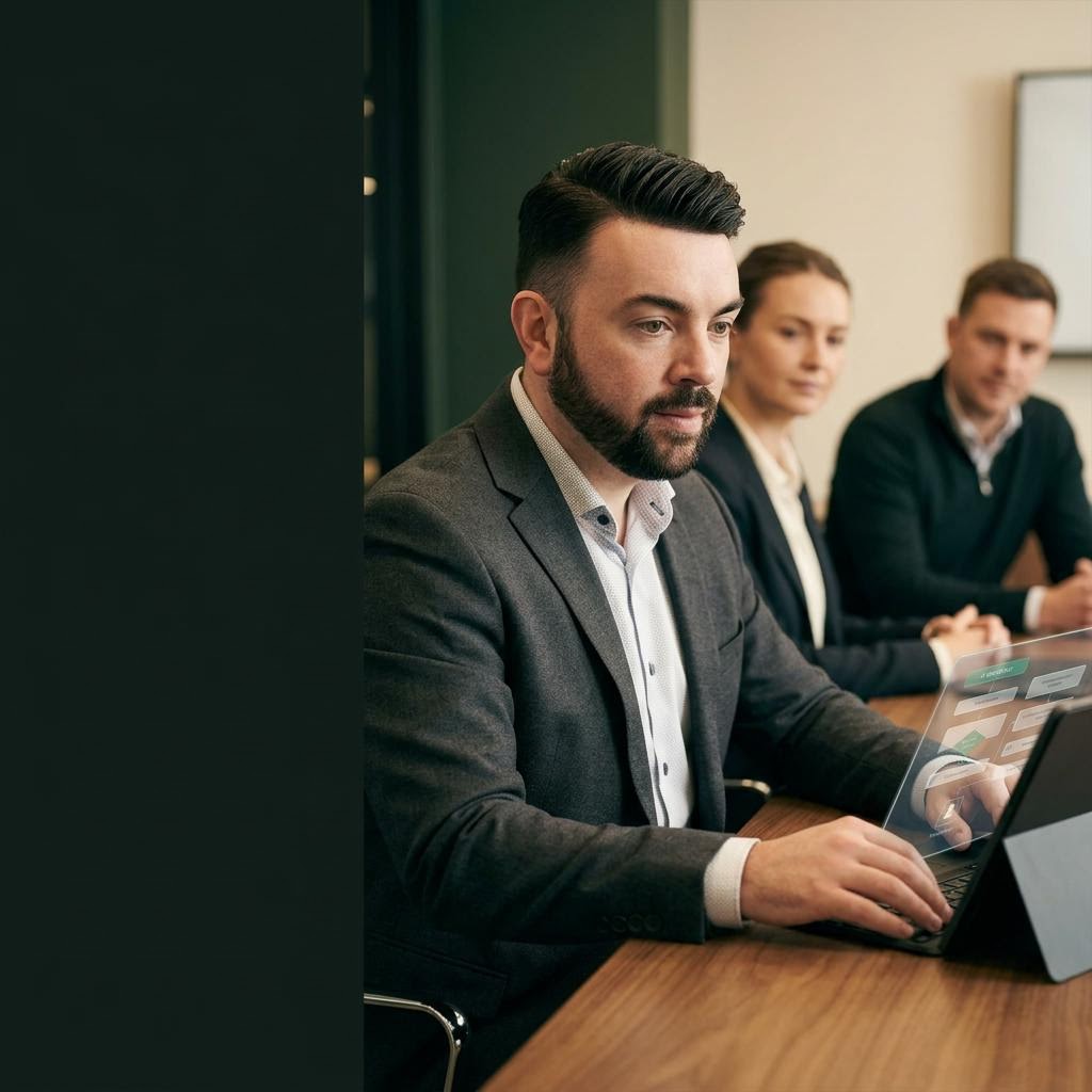 AI assisted editorial image of John P. Cronin discussing AI strategy with a leadership team