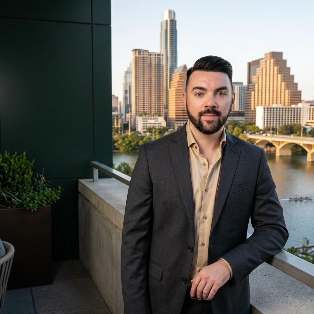 AI assisted editorial portrait of John P. Cronin overlooking the Austin skyline and Lady Bird Lake