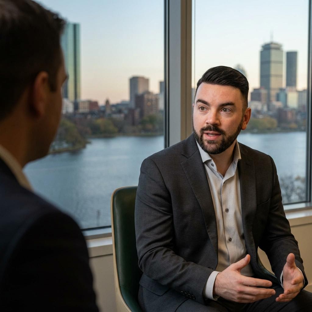 AI assisted editorial image of John P. Cronin in an advisory conversation overlooking Boston