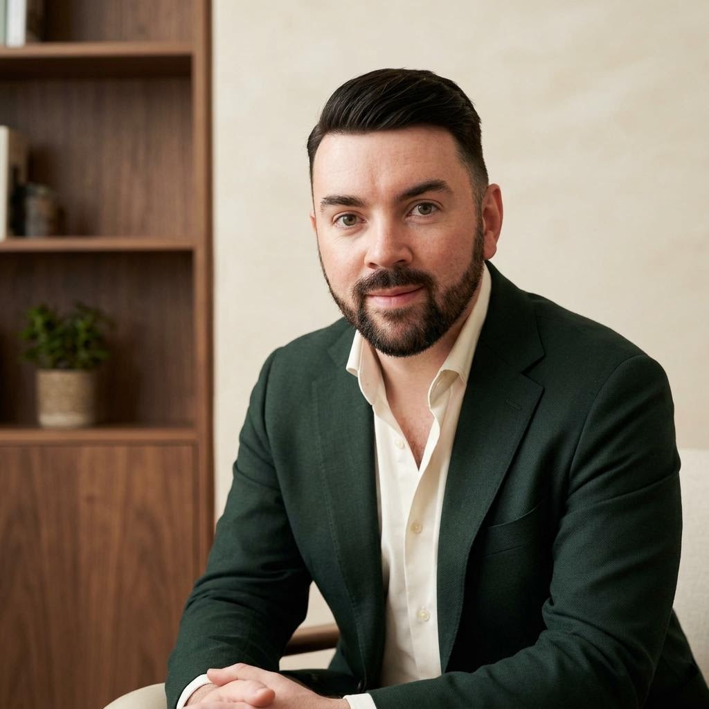 AI styled editorial portrait of John P. Cronin in a warmly lit study