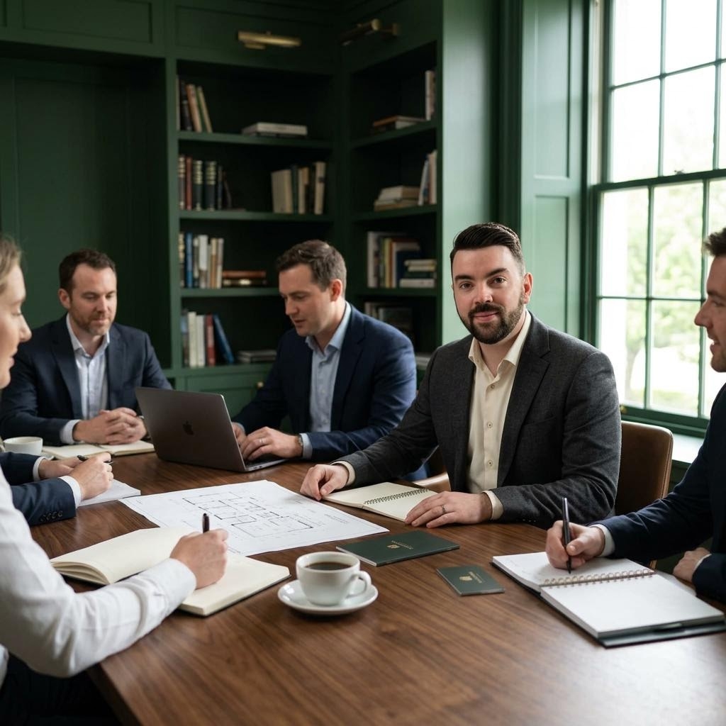AI assisted editorial depiction of John P. Cronin discussing connect marketing sales service