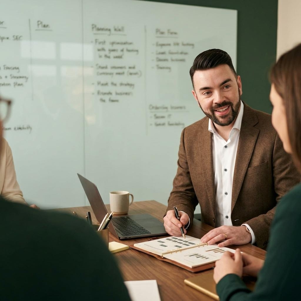 AI assisted editorial depiction of John P. Cronin discussing organizational design