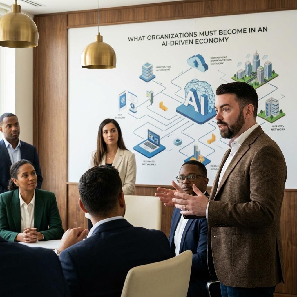 AI assisted editorial depiction of John P. Cronin discussing what organizations must become in an ai driven economy