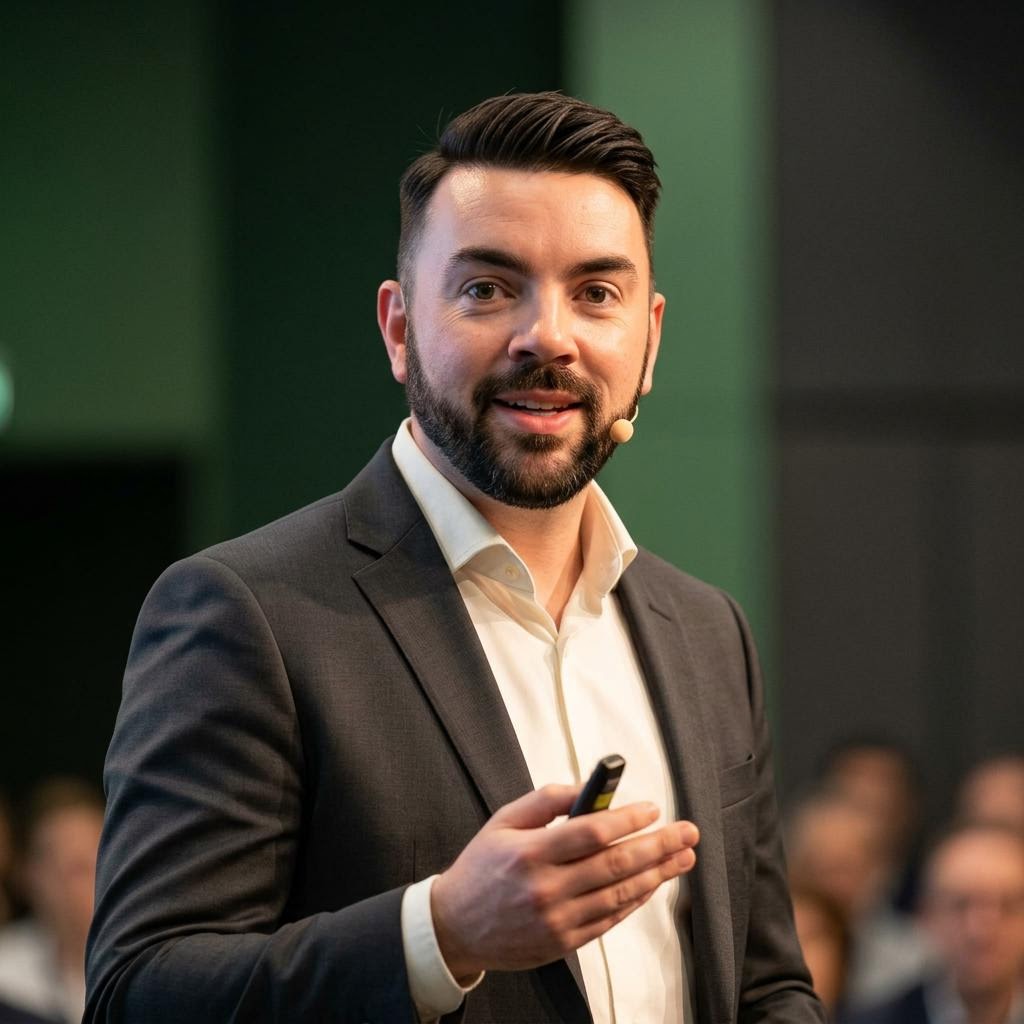 AI styled editorial portrait of John P. Cronin presenting to an executive audience