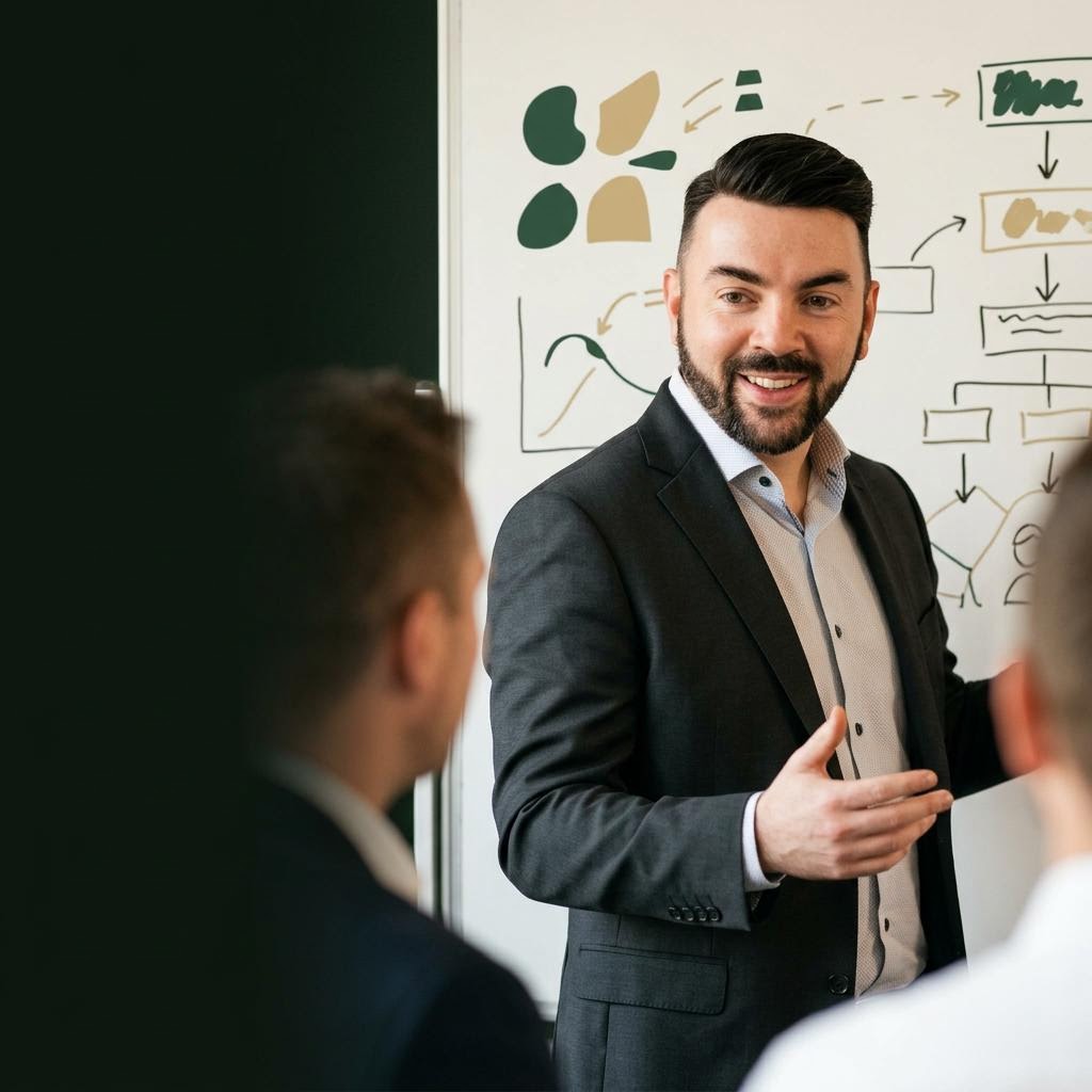 AI assisted editorial image of John P. Cronin leading a strategy workshop